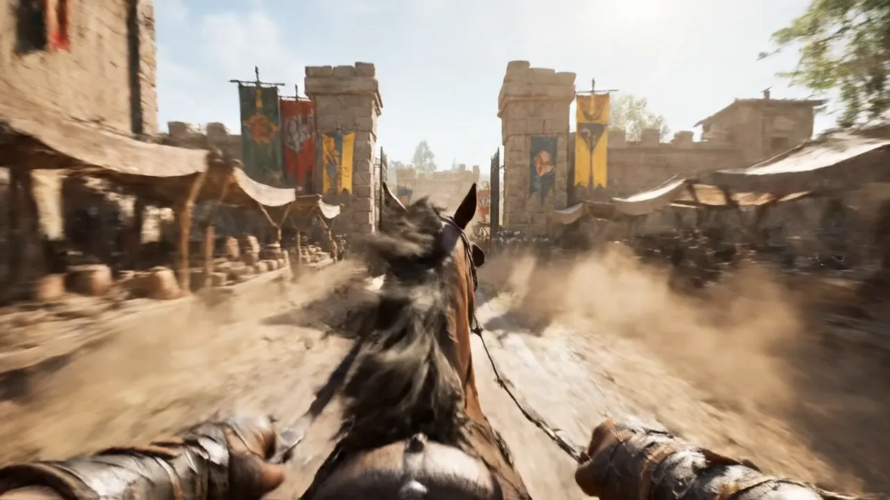 Create a dynamic flow video where a majestic horse carries a person forward, galloping across stunning landscapes with cinematic effects and dramatic camera angles. Make it lively, adventurous, and visually captivating!
