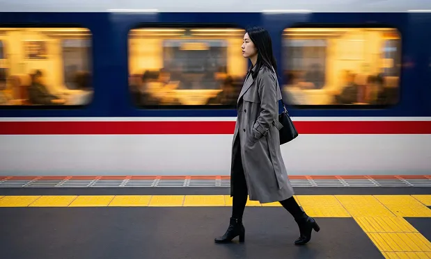 Eine stilvolle Frau läuft an einem Bahnsteig entlang, während ein vorbeifahrender Zug verschwimmt. Das Bild zeigt eine junge asiatische Frau im Profil, die von rechts nach links ... 