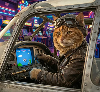 Ersetze den Hintergrund im Bild durch eine Arcade-Szene und das Flugzeug durch eine fliegende Spielkonsole.