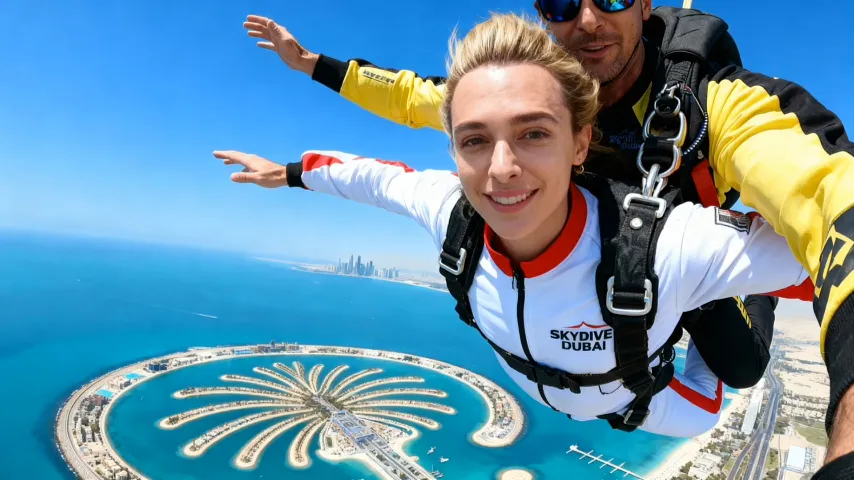 A hyper-realistic video with a cinematic quality captures a thrilling tandem skydive over Dubai's iconic Palm Jumeirah. A confident young woman, wearing a red and white Skydive Dubai jumpsuit, stands in the center of the video, arms outstretched, freefalling through the azure sky. Behind her, an instructor in a bright yellow jumpsuit steadies them. The first shot captures the adrenaline-pumping moment of freefall, with the city skyline and turquoise waters clearly visible below; the second shot shows the blue and white parachute fully deployed, the two gliding gracefully over Palm Jumeirah, their faces radiating pure joy. Shot with a 16K DSLR camera, the video boasts sharp, clear images, rich and vibrant colors, excellent natural lighting effects, creating an immersive aerial depth and a cinematic action-adventure atmosphere.