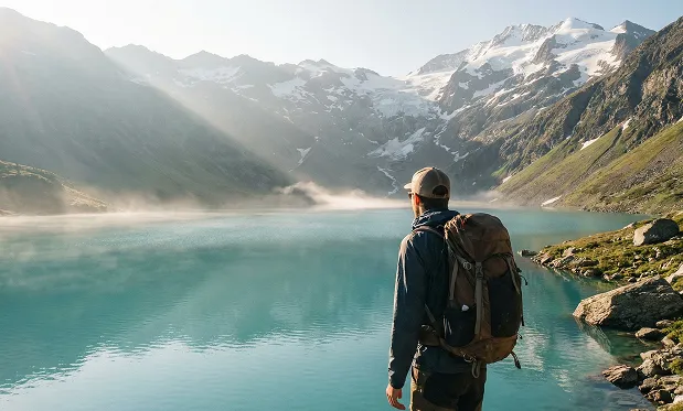 極度寫實的電影場景風光，一位孤獨旅人在碧綠色的高山湖畔，背景是白雪覆蓋的群山，晨光柔和照映...