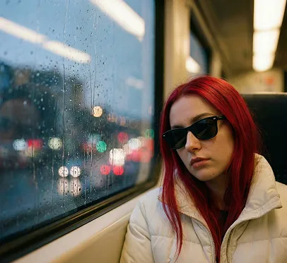 將圖片中人物的服裝換成白色棉襖，頭髮換成紅色，並戴上黑色太陽眼鏡。